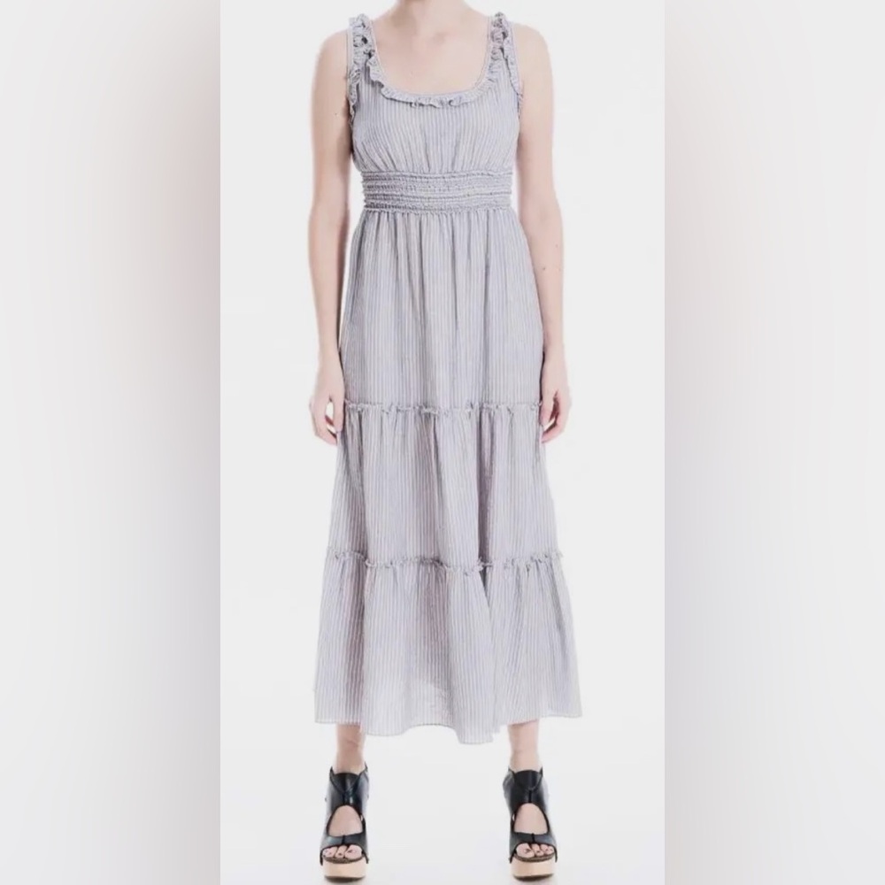 NEW Max Studio Sleeveless Printed Smocked Tiered Midi Dress ivory/navy stripe M